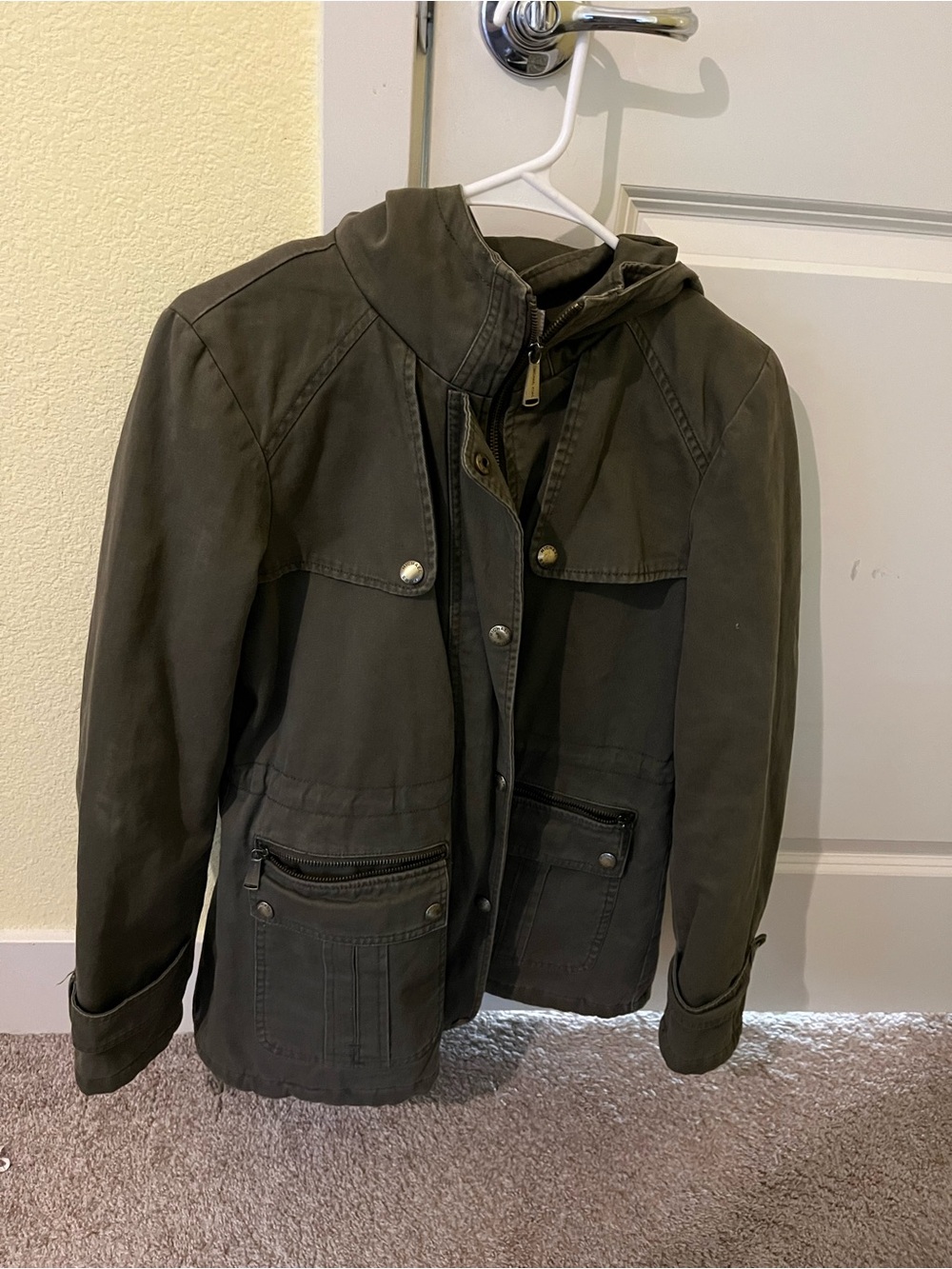 Michael Kors Olive Utility Jacket with Hood and Front Pockets